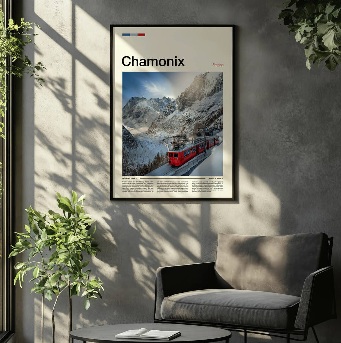 Chamonix Red Mountain Train Travel Print framed on the wall of a relaxed living room
