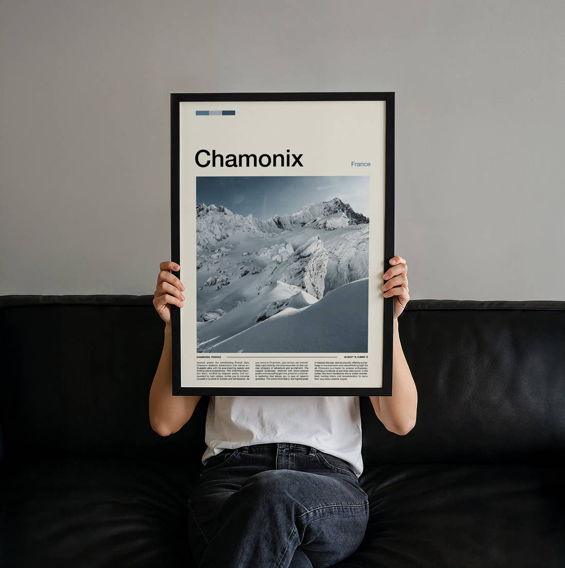Chamonix Snowy Mountain Peak Travel Print held up by hand to show the size of the print