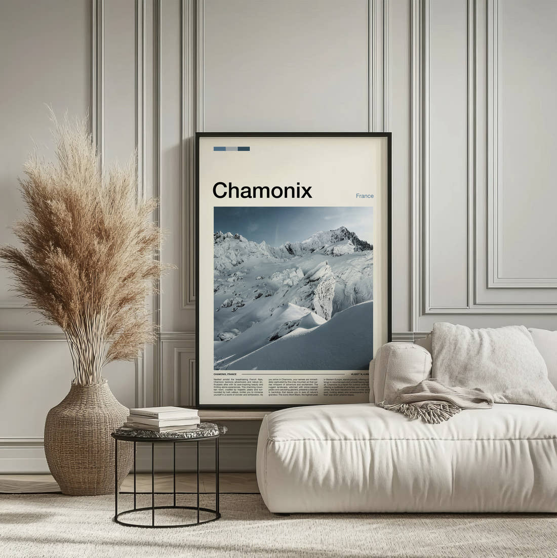 Chamonix Snowy Mountain Peak Travel Print framed on the wall of a calm, neutral bedroom