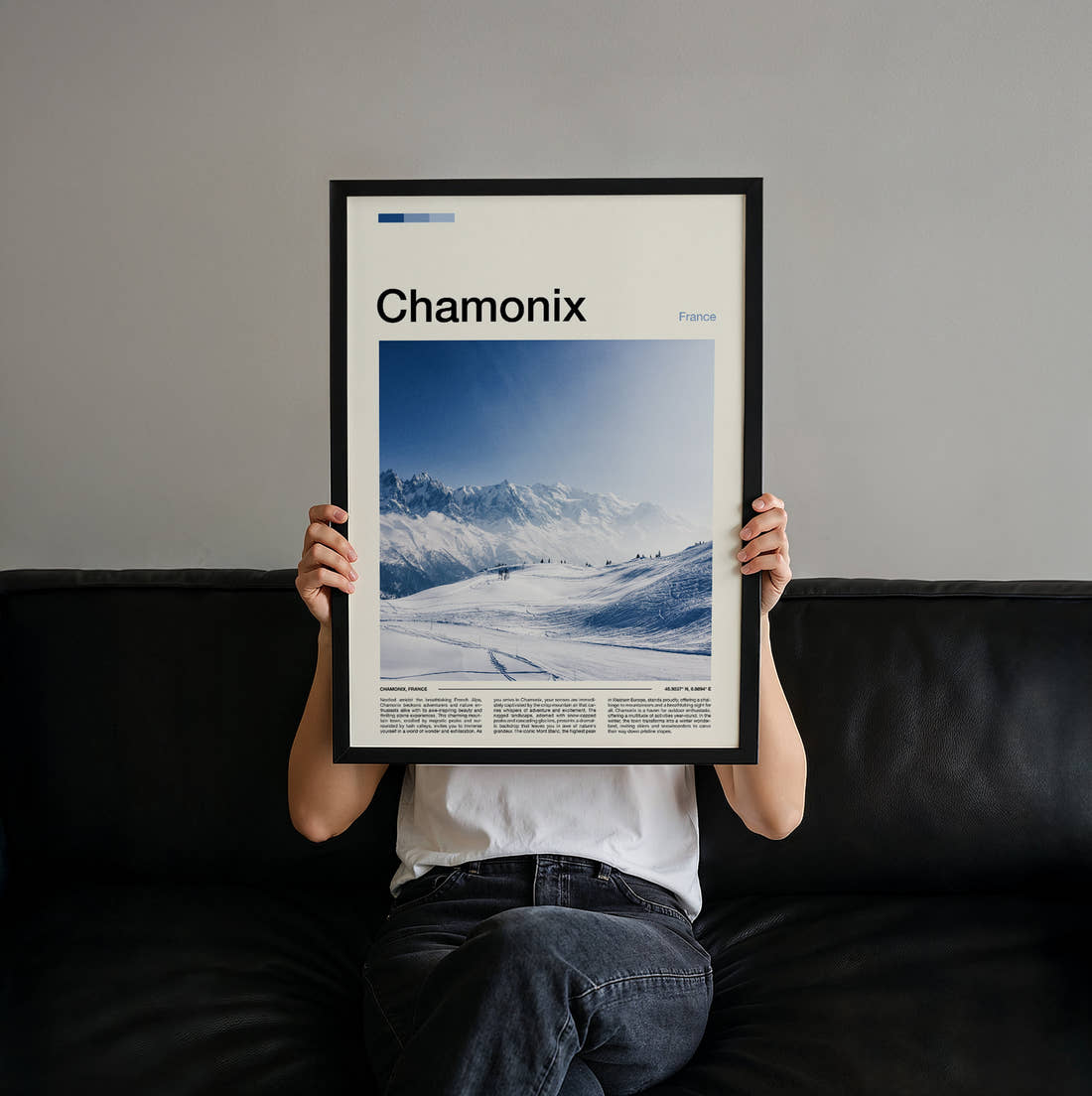 Chamonix Snowy Ski Slopes Travel Print held up by hand to show the size of the print