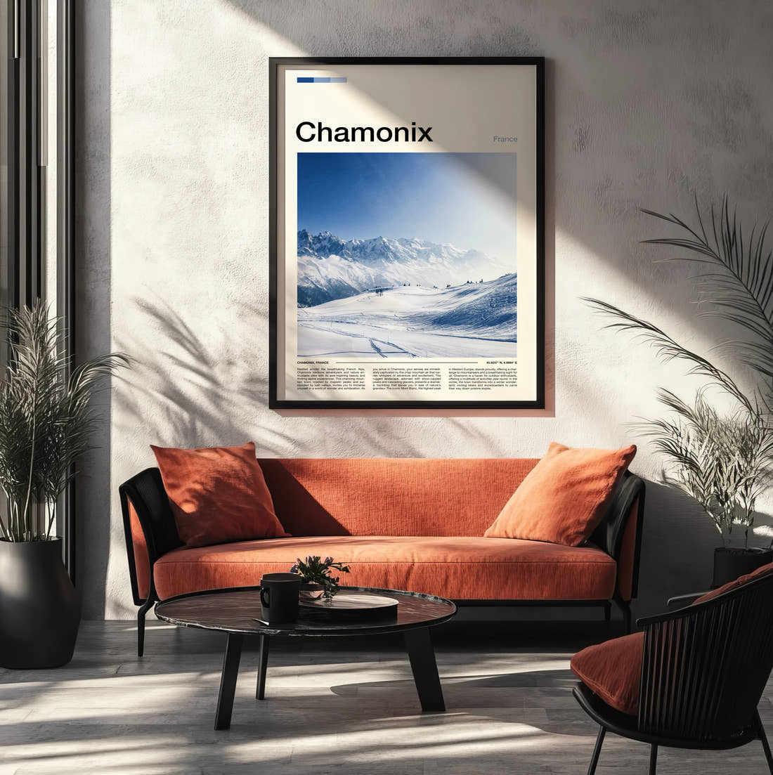 Chamonix Snowy Ski Slopes Travel Print framed on the wall of a modern living room