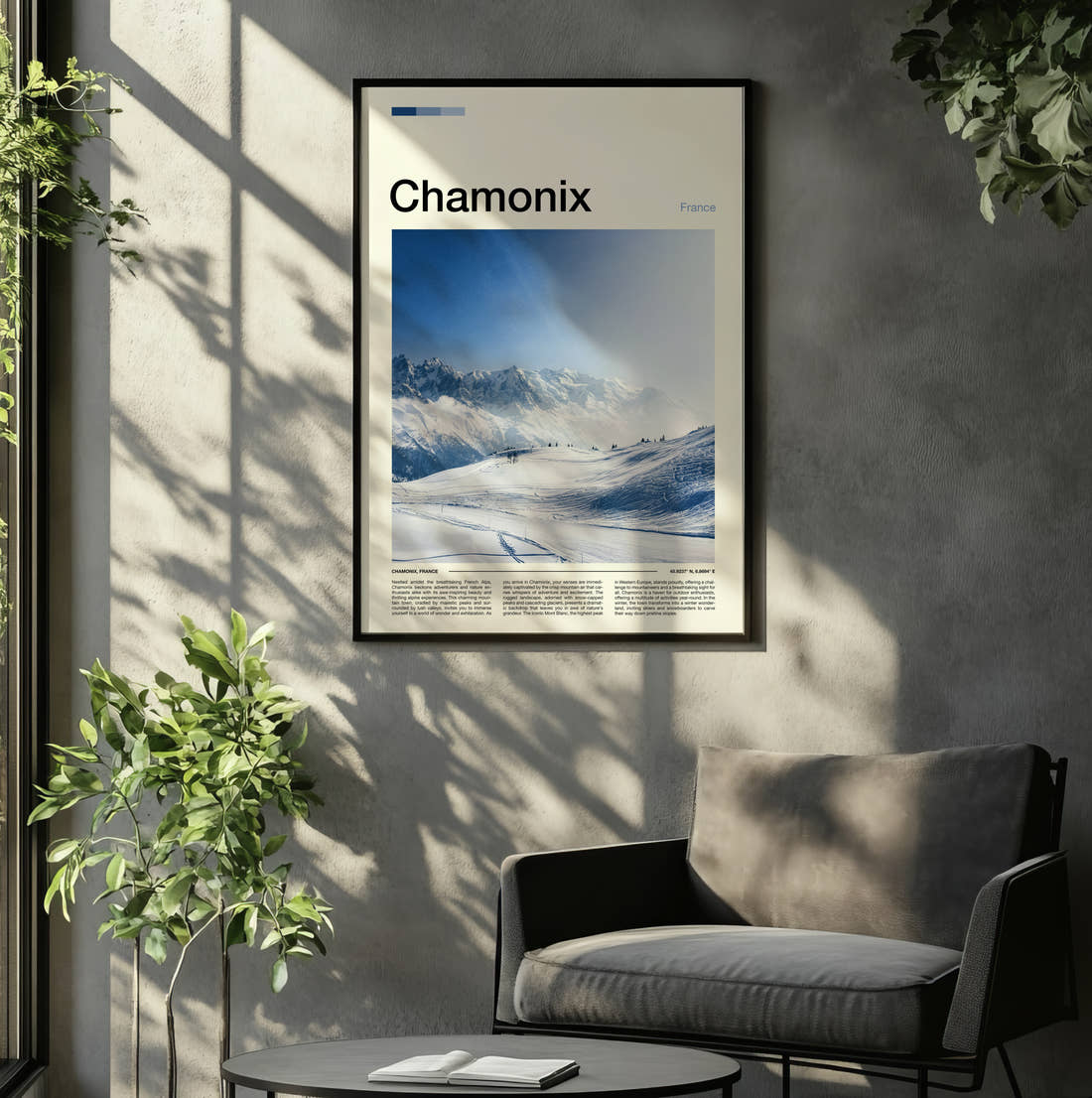 Chamonix Snowy Ski Slopes Travel Print framed on the wall of a relaxed living room