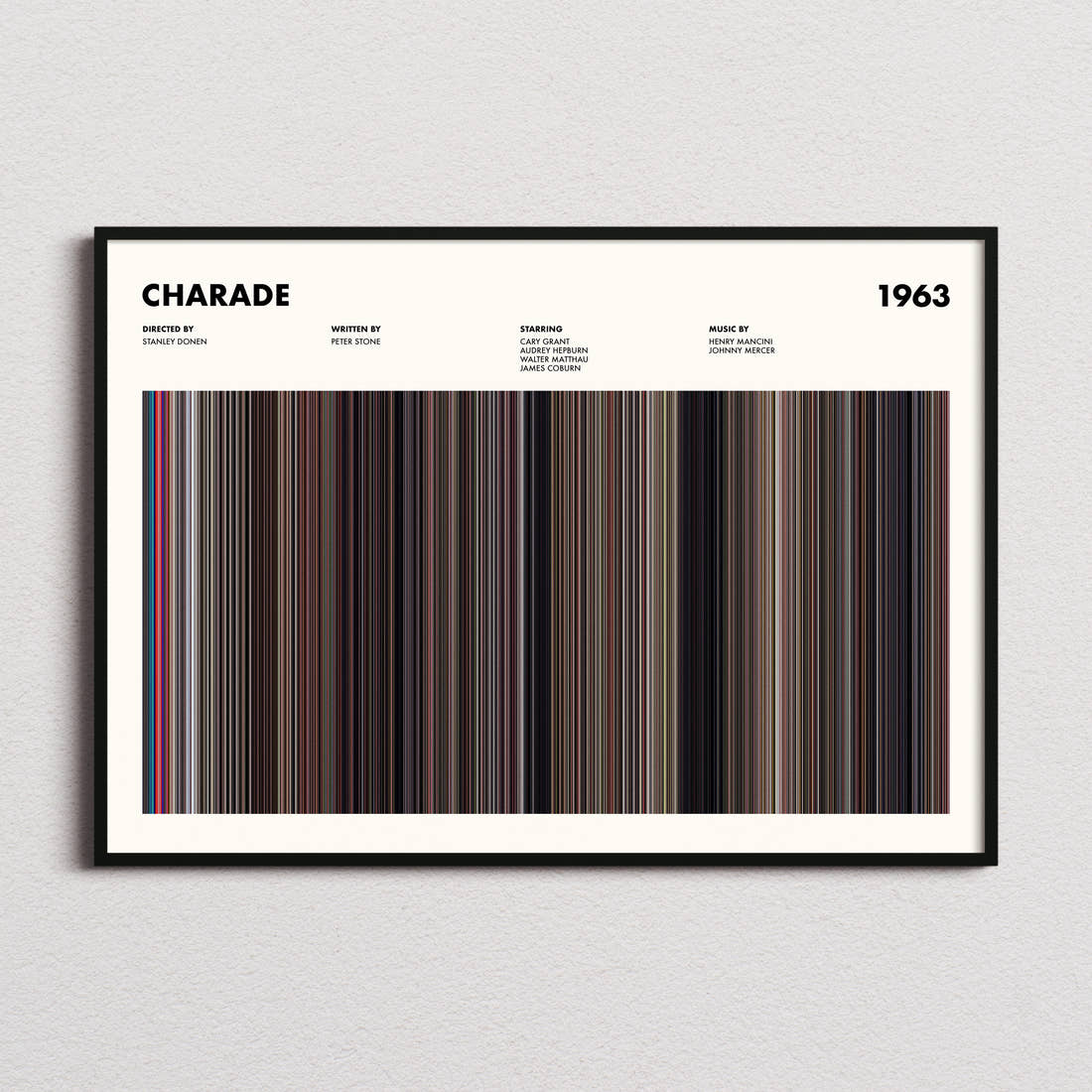 Charade Movie Barcode Poster framed and photographed straight on
