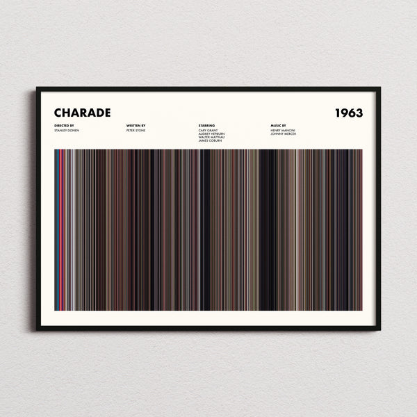 Charade Movie Barcode Poster framed and photographed straight on