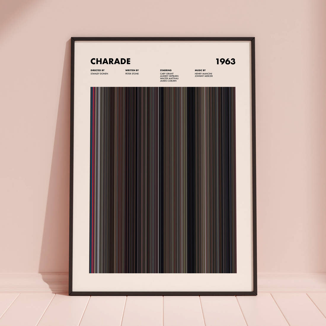 Charade Movie Barcode Poster framed and leaning against a coloured wall