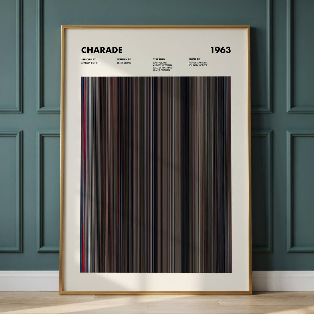 Charade Movie Barcode Poster framed and leaning against a panelled wall