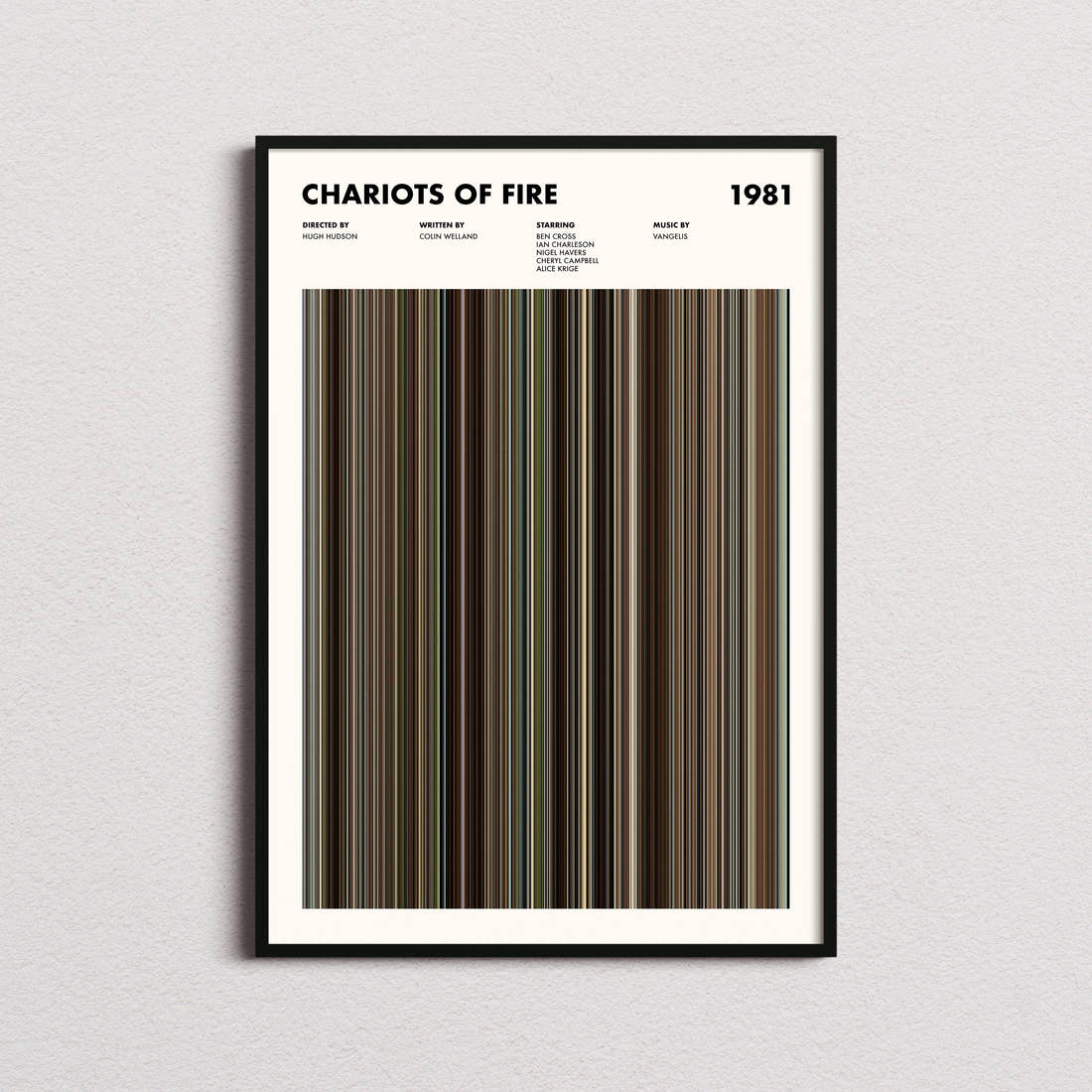 Chariots of Fire Movie Barcode Poster framed on a plain studio wall