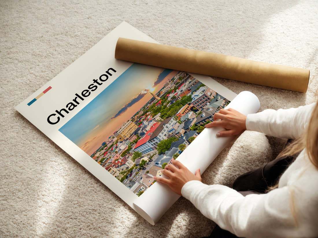 Charleston Sunset Over Rooftops Travel Print being unrolled from its postal tube