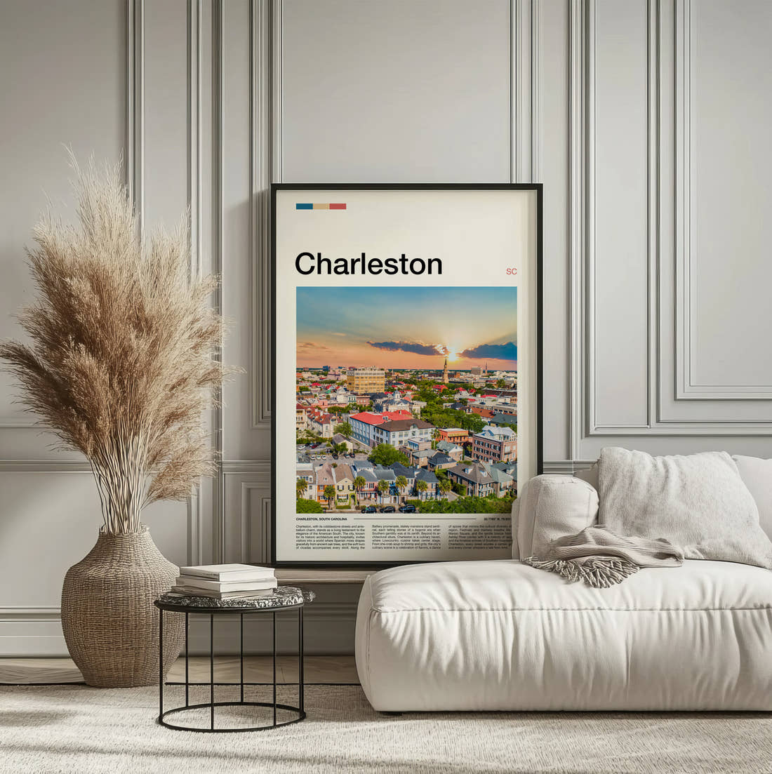 Charleston Sunset Over Rooftops Travel Print framed on the wall of a calm, neutral bedroom