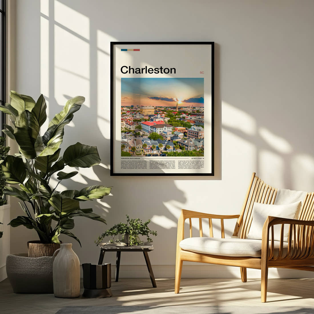 Charleston Sunset Over Rooftops Travel Print framed on a pale wall beside houseplants