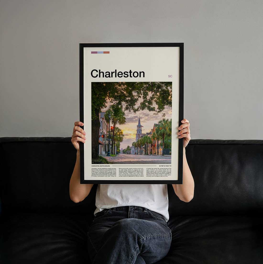 Charleston Tree Lined Street Travel Print held up by hand to show the size of the print