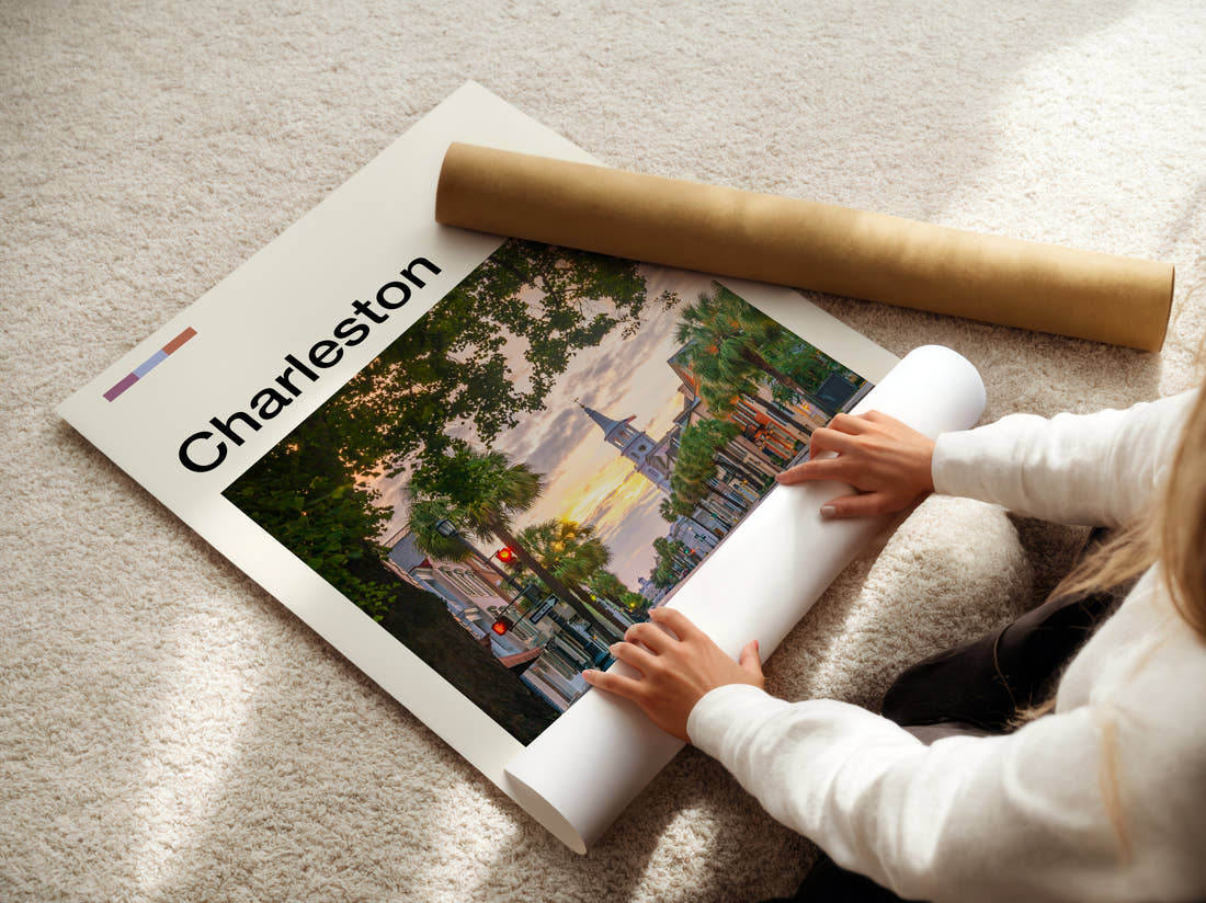 Charleston Tree Lined Street Travel Print being unrolled from its postal tube