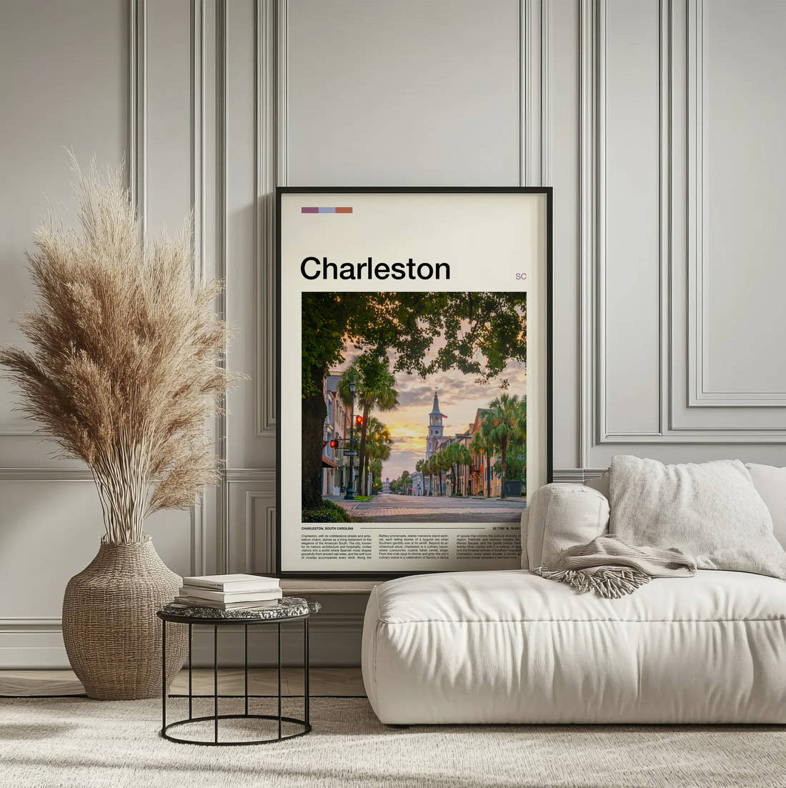 Charleston Tree Lined Street Travel Print framed on the wall of a calm, neutral bedroom