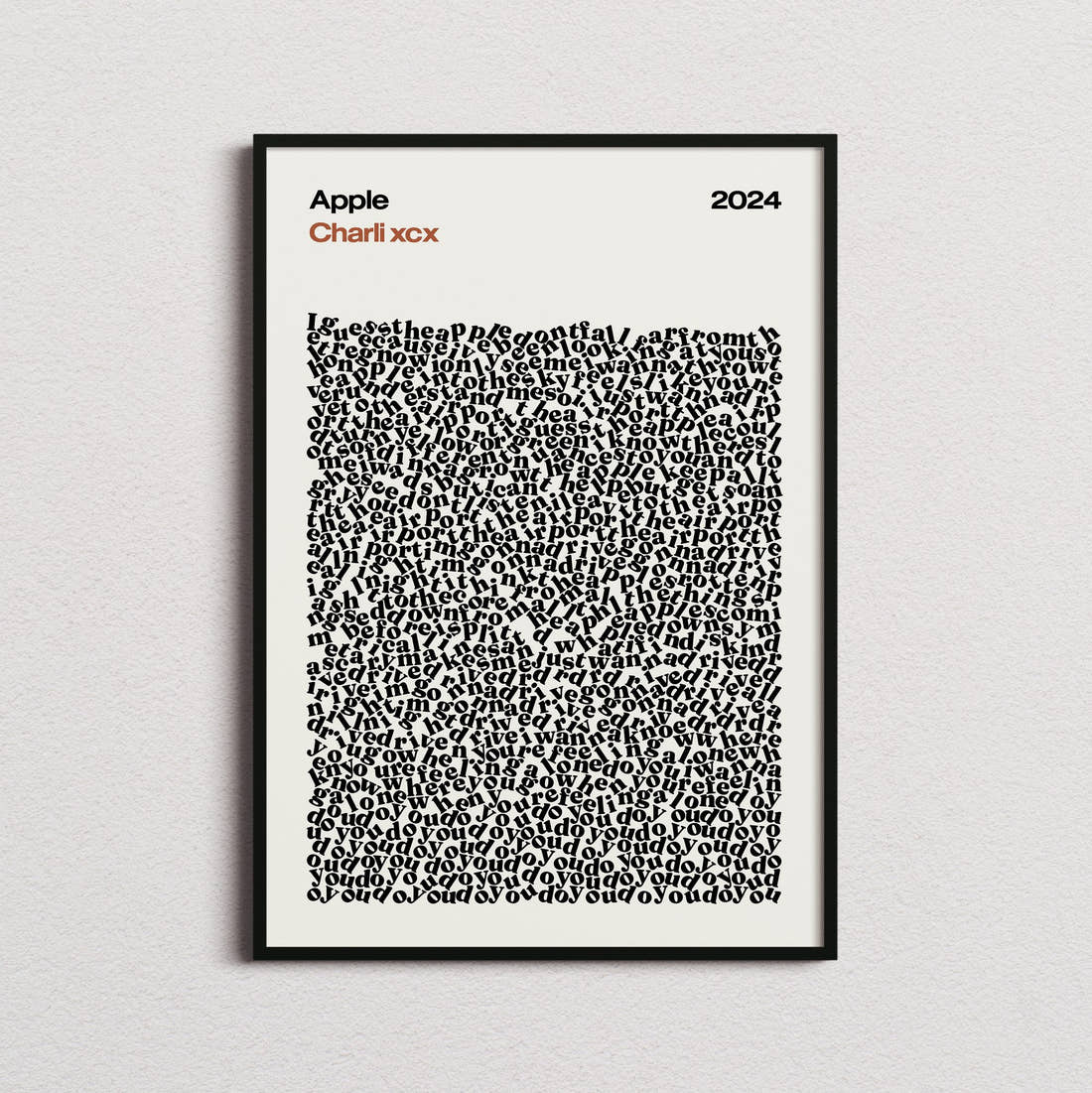 Charli xcx Apple Lyric Print in the cream colourway, framed