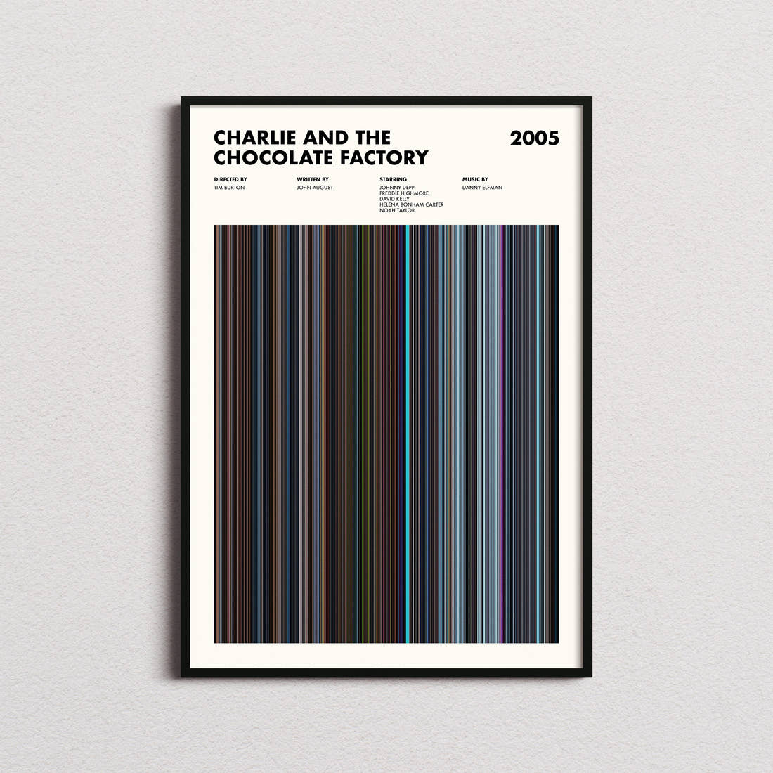 Charlie and the Chocolate Factory Movie Barcode Poster framed on a plain studio wall