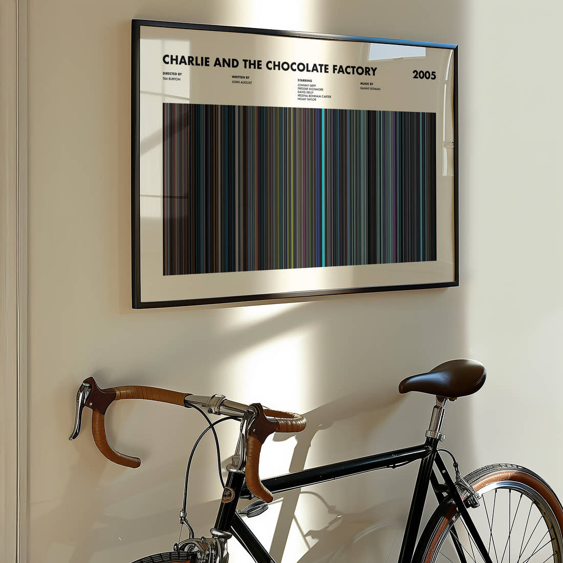 Charlie and the Chocolate Factory Movie Barcode Poster framed on the wall of a styled room setting