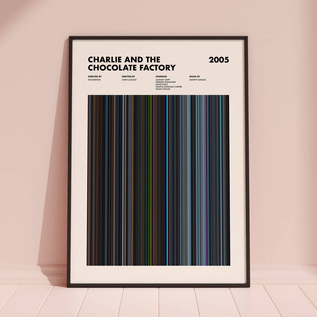 Charlie and the Chocolate Factory Movie Barcode Poster framed and leaning against a coloured wall
