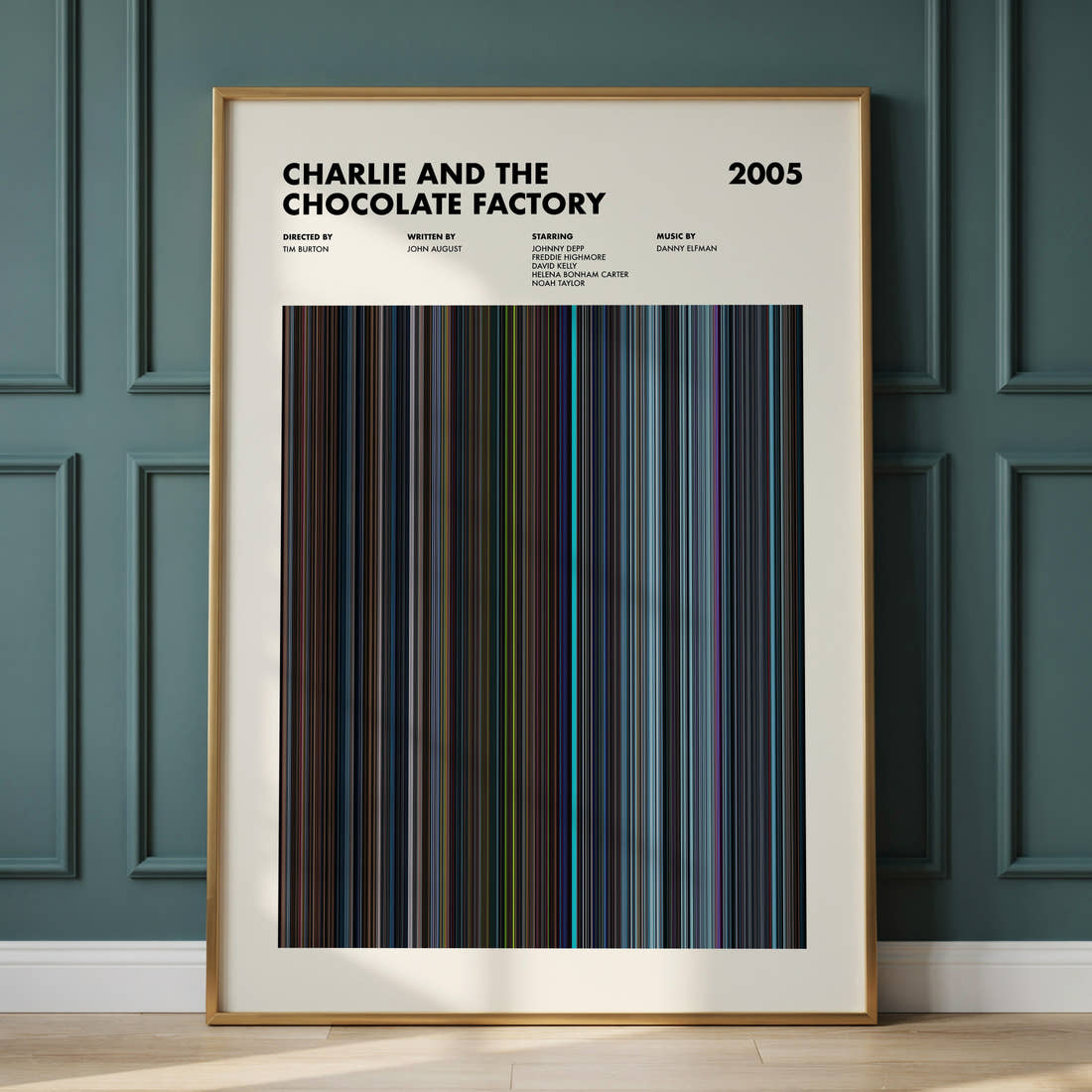 Charlie and the Chocolate Factory Movie Barcode Poster framed and leaning against a panelled wall