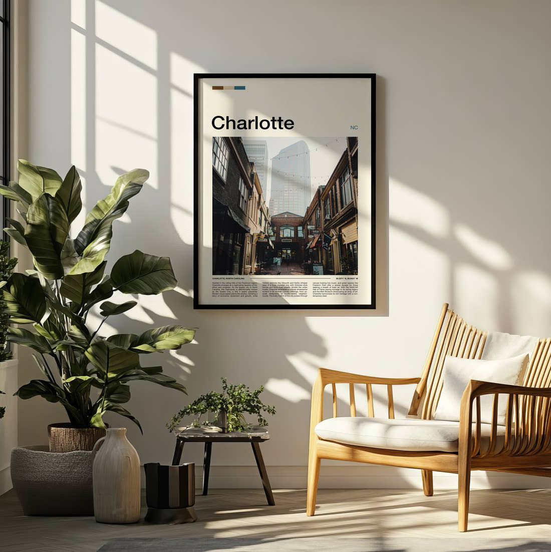 Charlotte Narrow Alley Travel Print framed on a pale wall beside houseplants