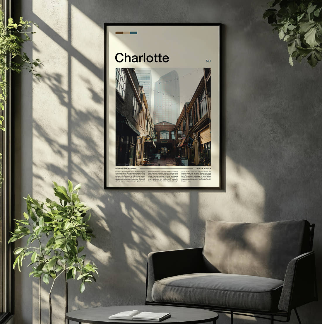 Charlotte Narrow Alley Travel Print framed on the wall of a relaxed living room