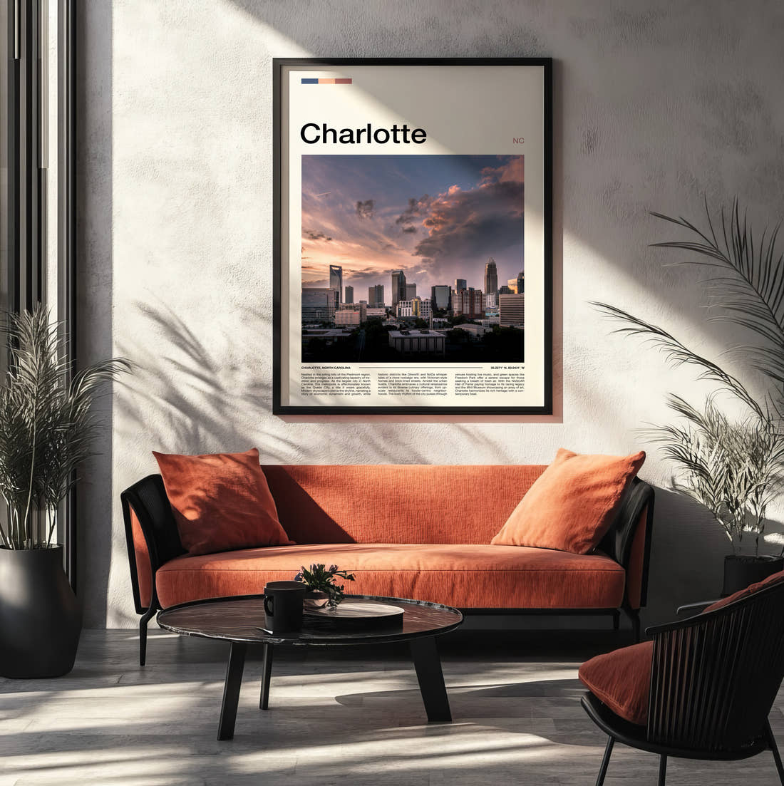 Charlotte Stormy Skyline Travel Print framed on the wall of a modern living room