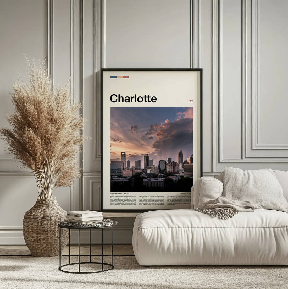 Charlotte Stormy Skyline Travel Print framed on the wall of a calm, neutral bedroom