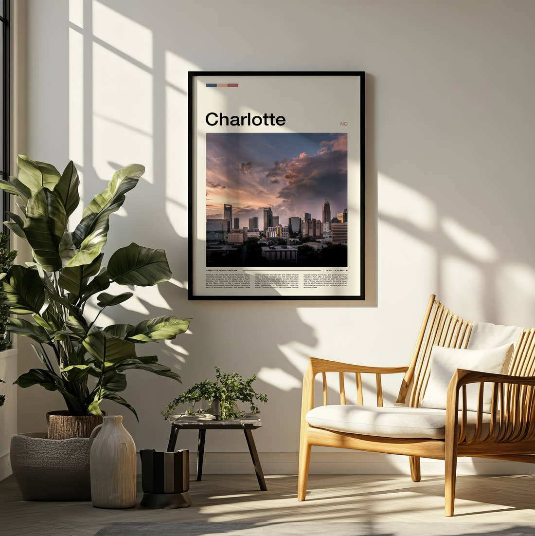 Charlotte Stormy Skyline Travel Print framed on a pale wall beside houseplants