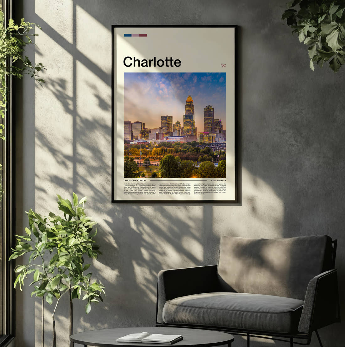 Charlotte Skyline At Dusk Travel Print framed on the wall of a relaxed living room