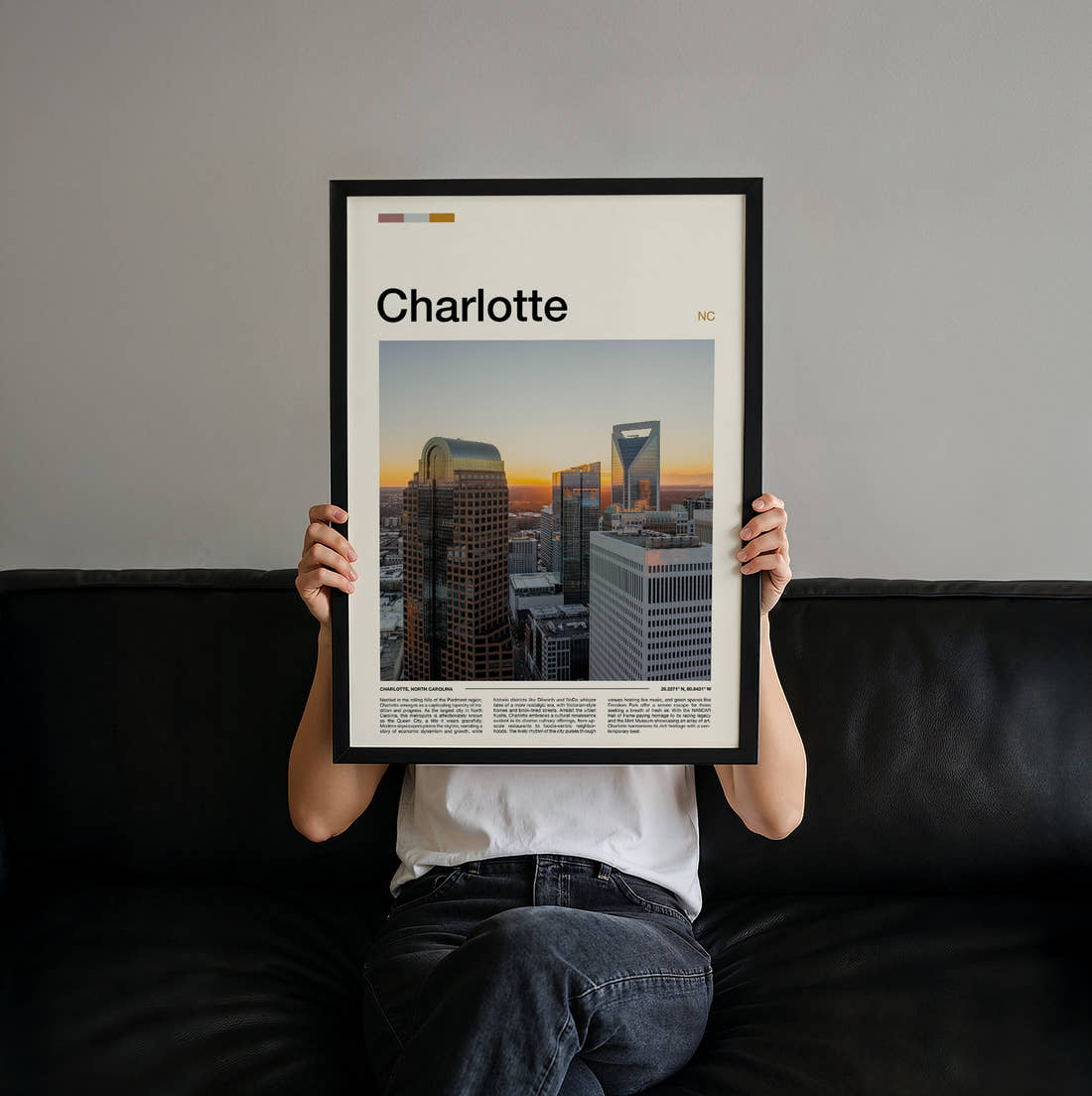 Charlotte Skyscrapers Travel Print held up by hand to show the size of the print