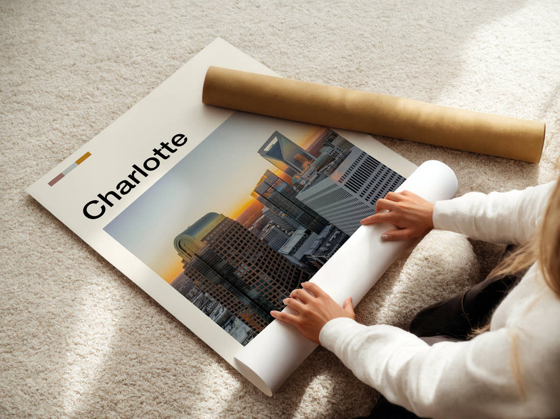 Charlotte Skyscrapers Travel Print being unrolled from its postal tube