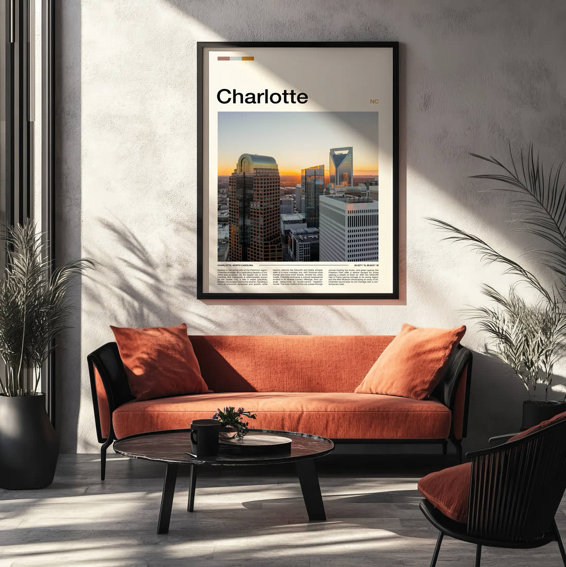 Charlotte Skyscrapers Travel Print framed on the wall of a modern living room