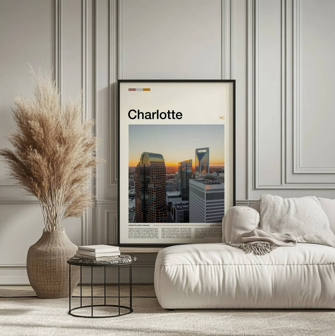Charlotte Skyscrapers Travel Print framed on the wall of a calm, neutral bedroom