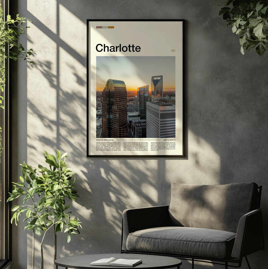 Charlotte Skyscrapers Travel Print framed on the wall of a relaxed living room