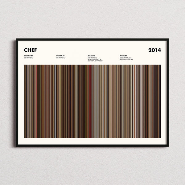 Chef Movie Barcode Poster framed and photographed straight on