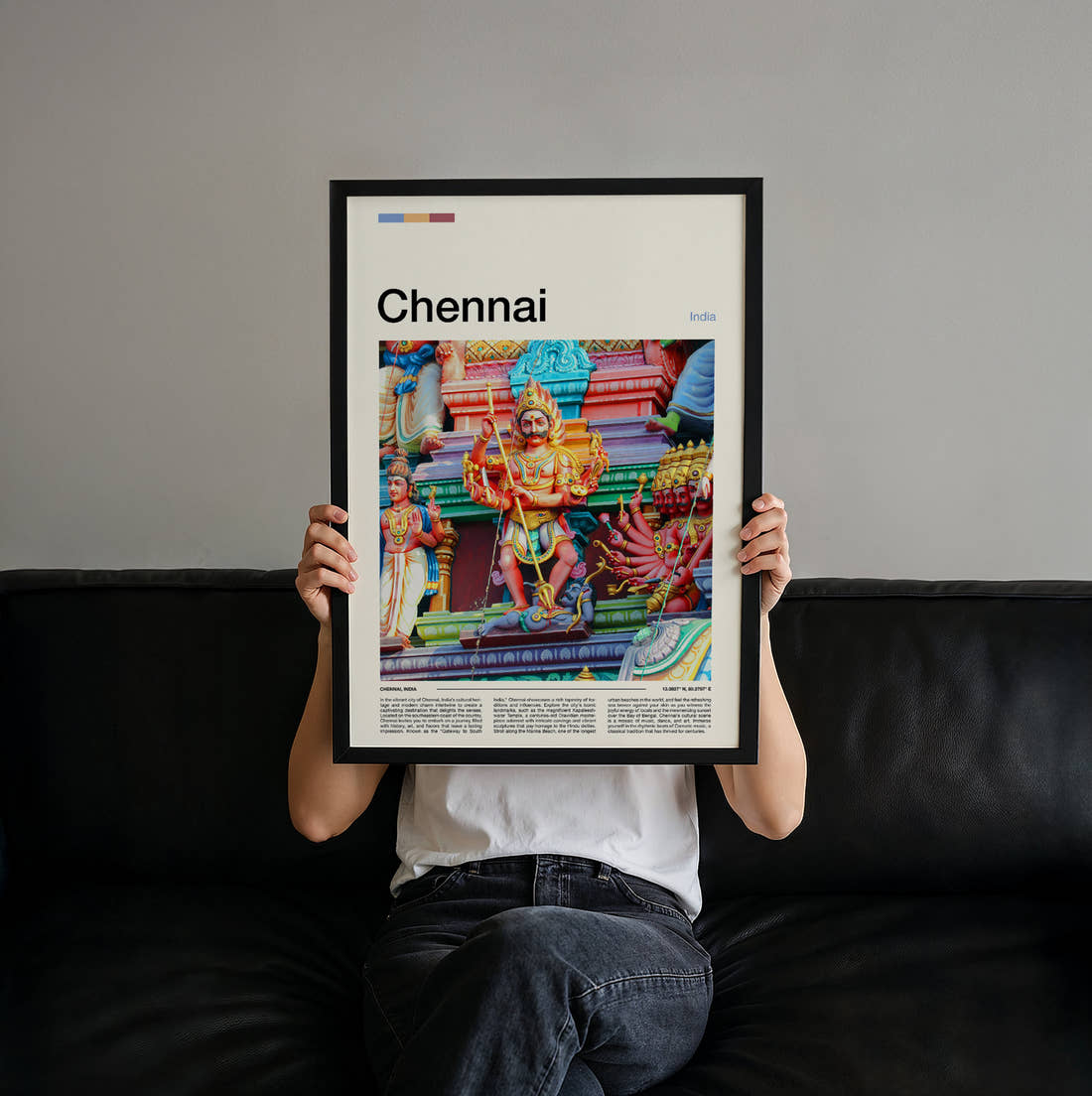 Chennai Hindu Temple Carvings Travel Print held up by hand to show the size of the print