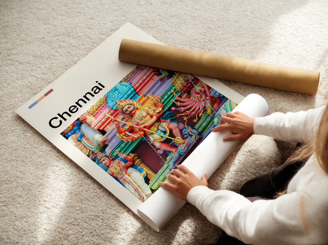Chennai Hindu Temple Carvings Travel Print being unrolled from its postal tube