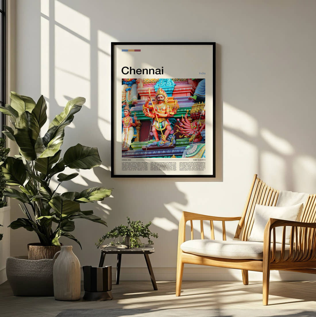 Chennai Hindu Temple Carvings Travel Print framed on a pale wall beside houseplants