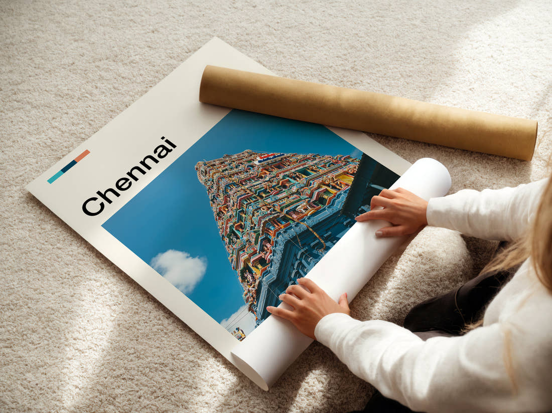 Chennai Temple Gopuram Travel Print being unrolled from its postal tube