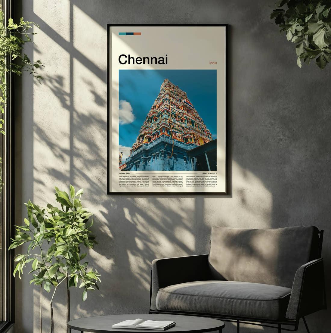 Chennai Temple Gopuram Travel Print framed on the wall of a relaxed living room
