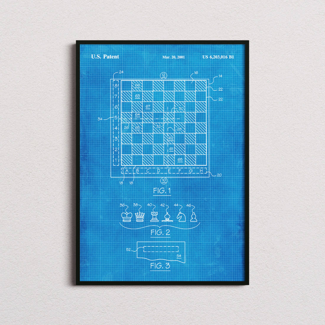 Chess Patent Print in the blueprint colourway, framed