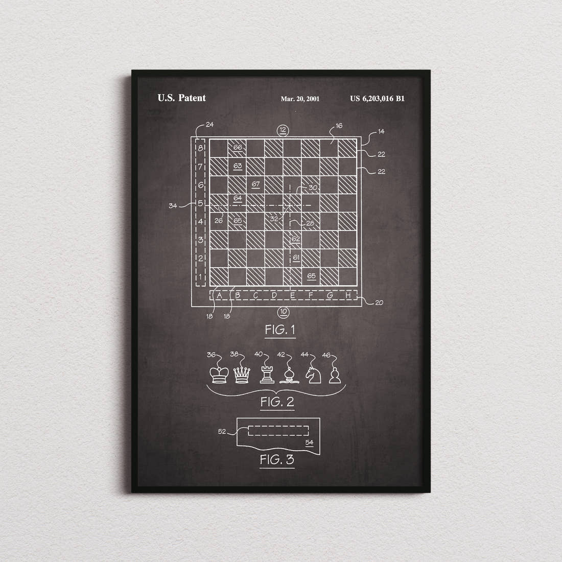 Chess Patent Print in the blackboard colourway, framed