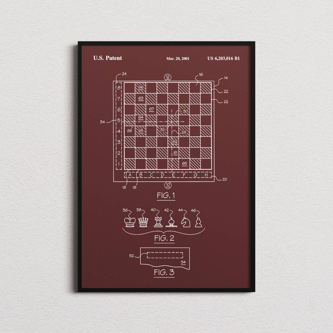 Chess Patent Print in the burgundy colourway, framed