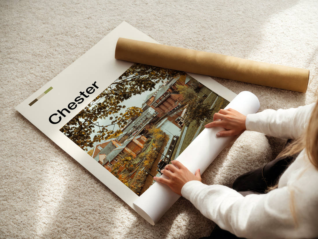 Chester Autumn Canal View Travel Print being unrolled from its postal tube