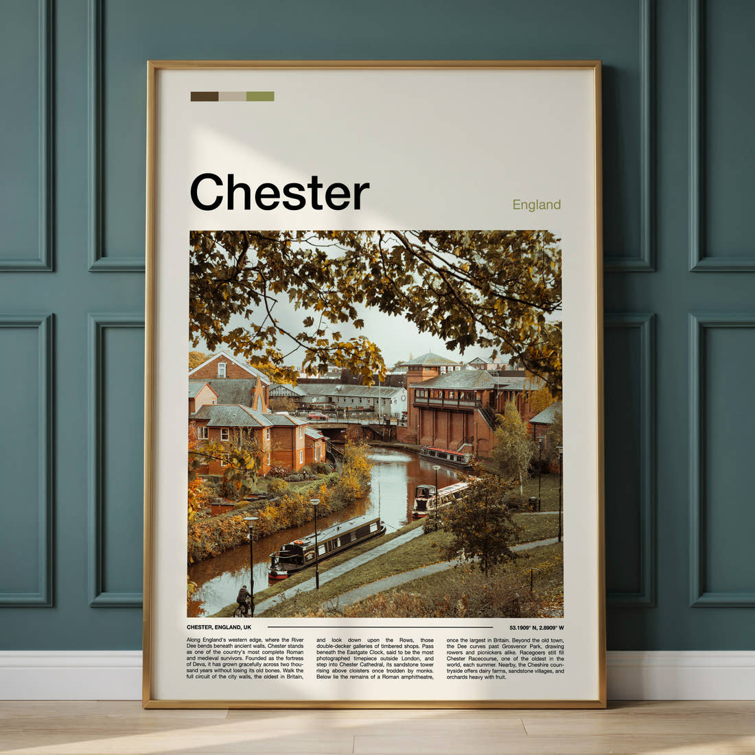 Chester Autumn Canal View Travel Print framed on the wall of a calm, neutral bedroom