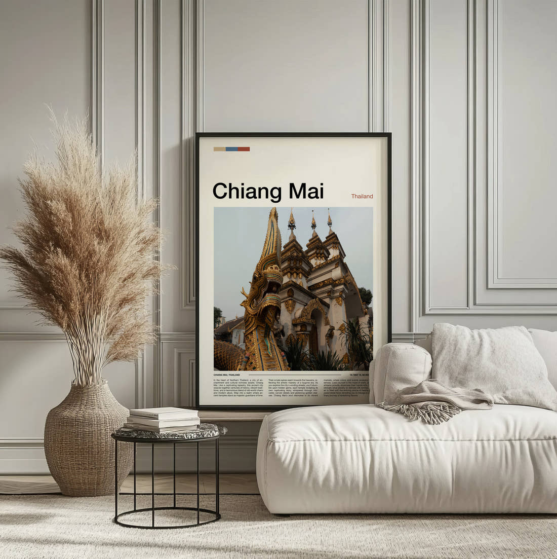 Chiang Mai Golden Dragon Statue Travel Print framed on the wall of a calm, neutral bedroom