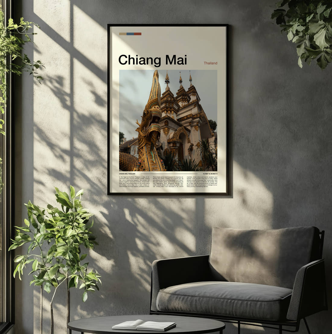 Chiang Mai Golden Dragon Statue Travel Print framed on the wall of a relaxed living room