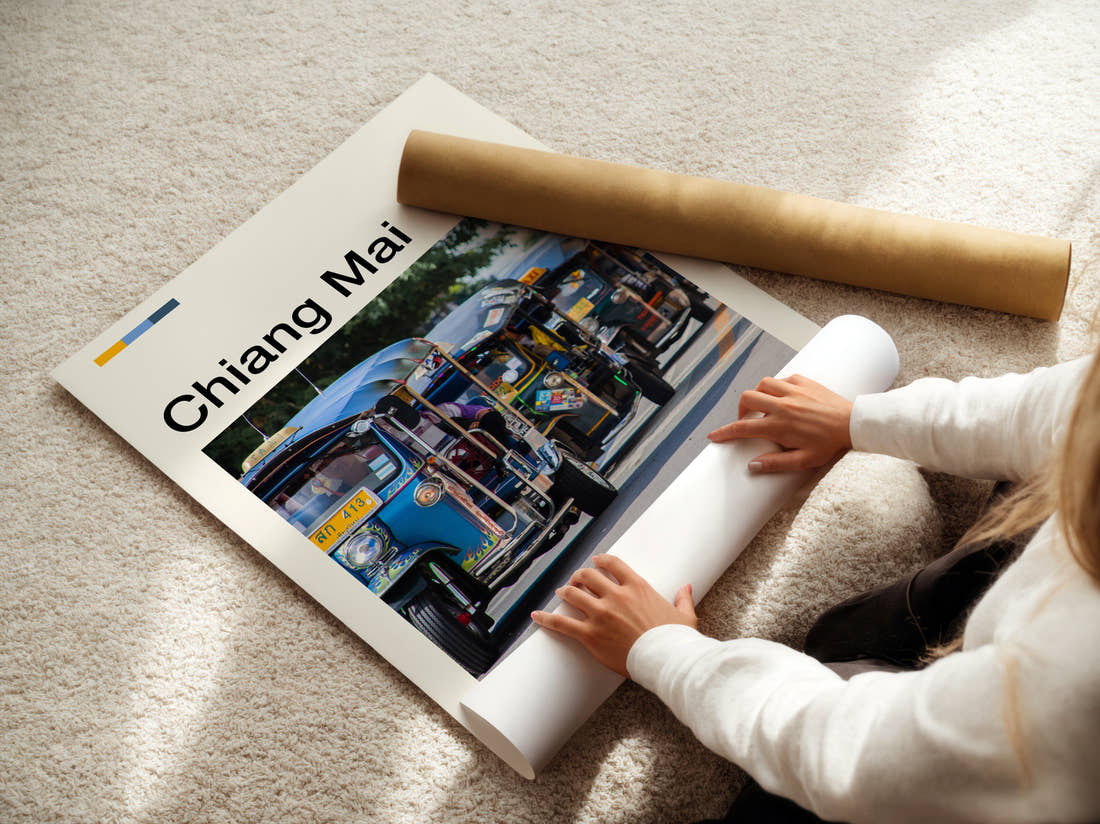 Chiang Mai Blue Tuk Tuks Travel Print being unrolled from its postal tube