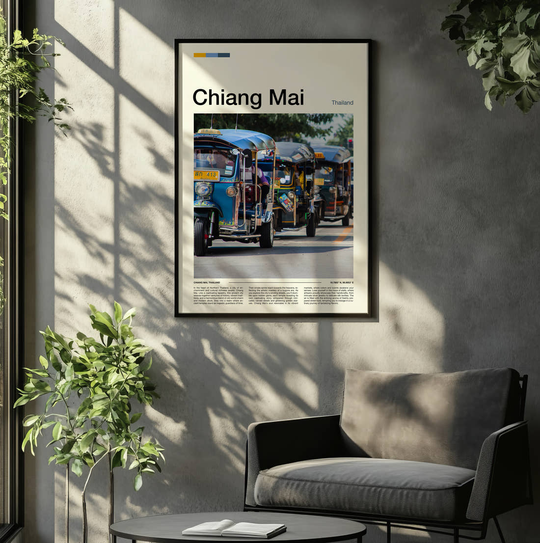 Chiang Mai Blue Tuk Tuks Travel Print framed on the wall of a relaxed living room