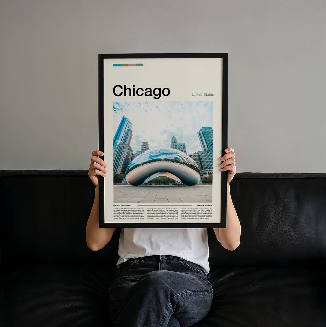 Chicago Cloud Gate Reflecting The Skyline Travel Print held up by hand to show the size of the print
