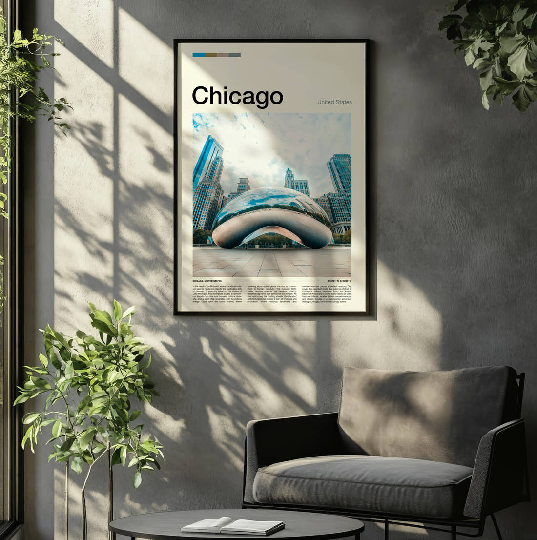 Chicago Cloud Gate Reflecting The Skyline Travel Print framed on the wall of a relaxed living room